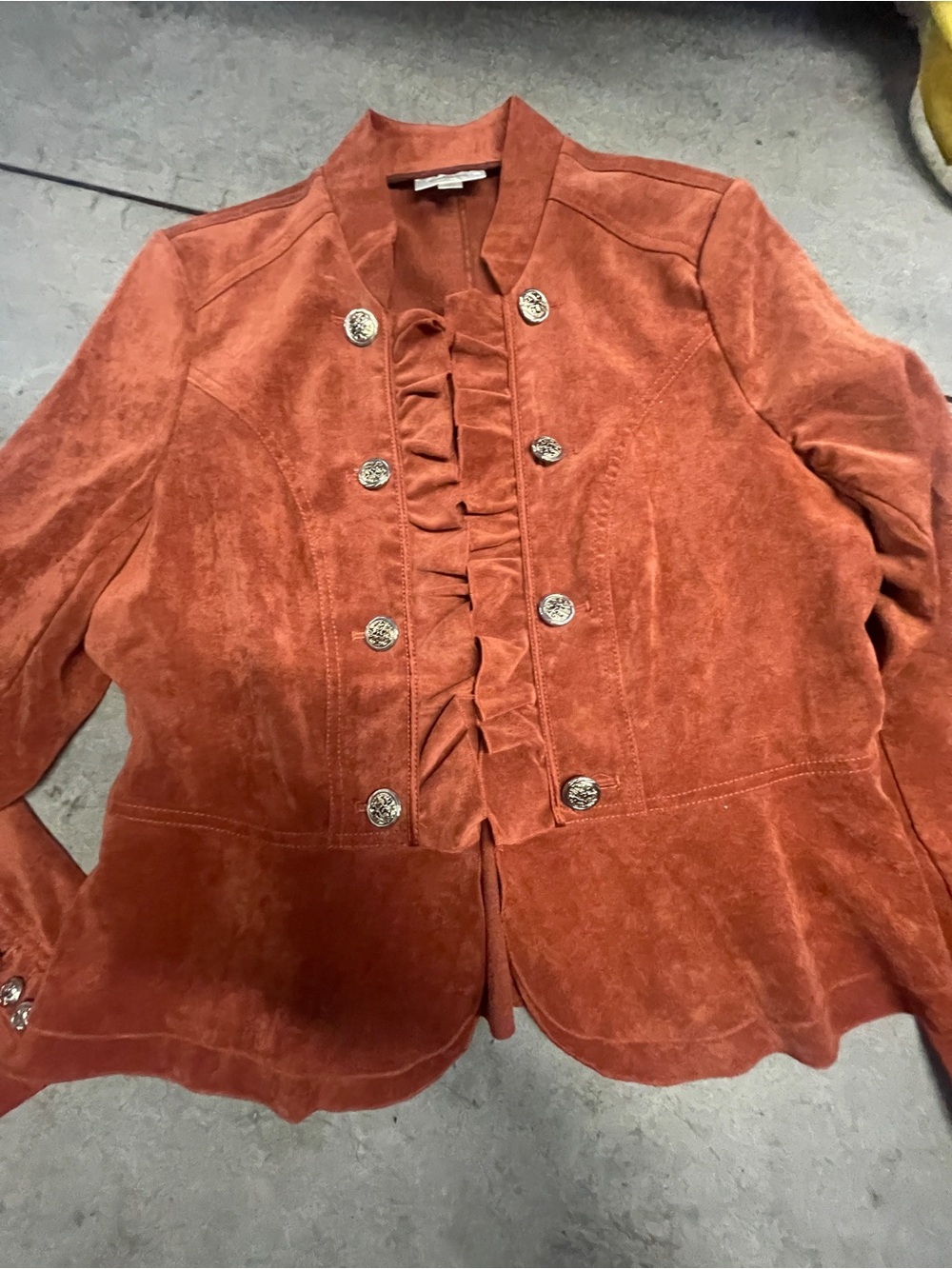 Dressbarn Jacket XL Rust Orange Faux Suede Ruffle Military Victorian Steampunk L - Picture 3 of 7